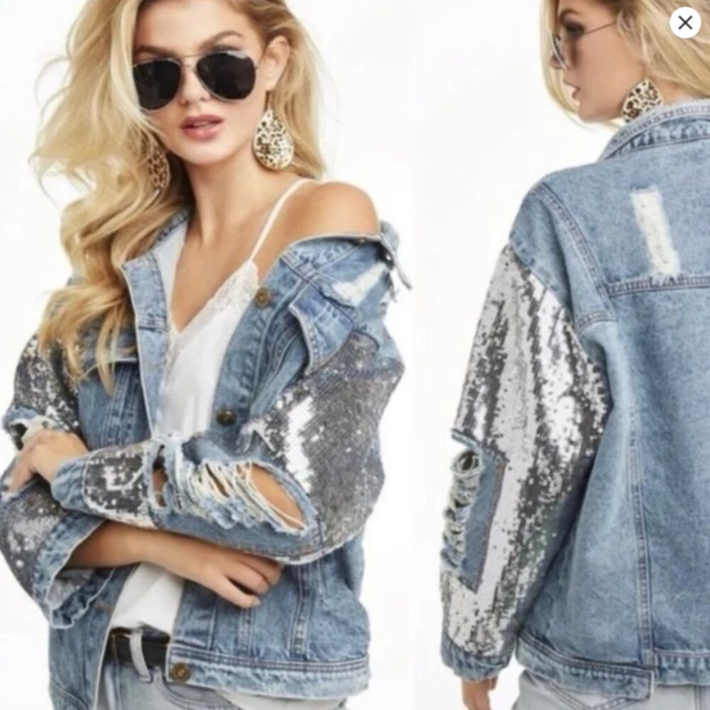 Macaron Distressed Sequin Denim Jacket - Size M - image 1